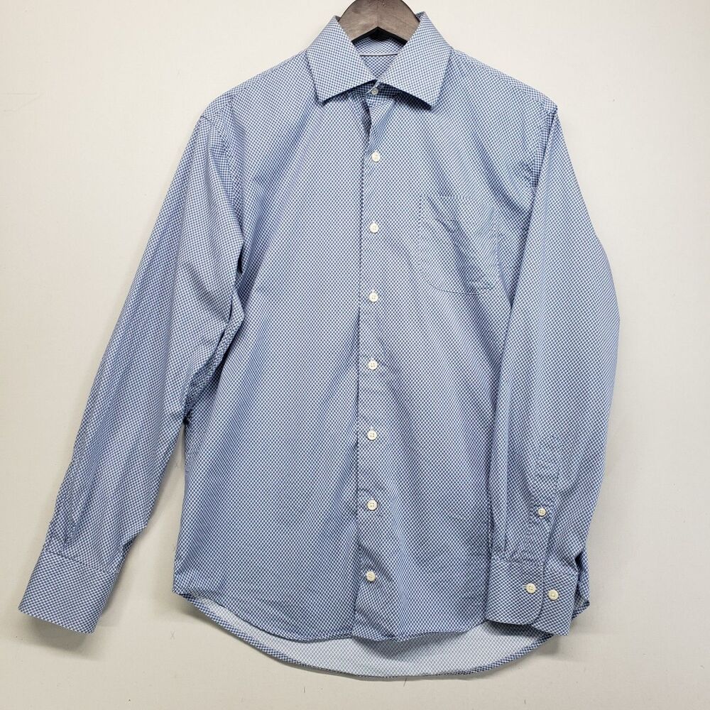 Peter Millar Dress Shirt Medium Blue White Geometric Print Long Sleeve